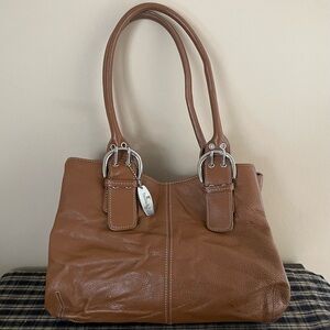TIGNANELLO Brown Genuine Leather Shoulder Bag Double Strap Buckle Tote GUC #304